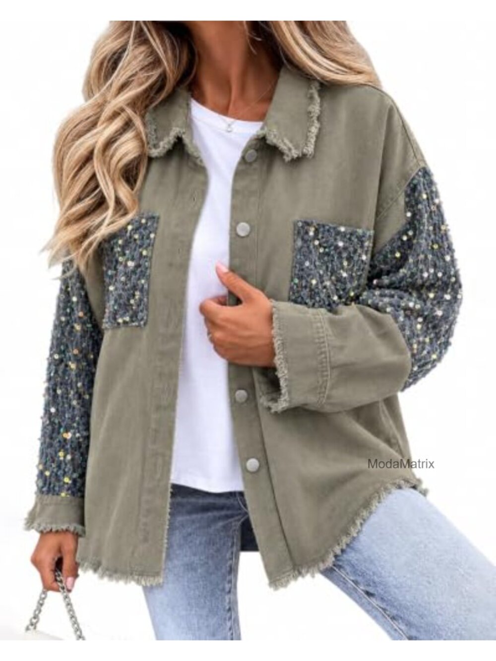 Oversized Rhinestone Sequin Patchwork Shacket Drop Shoulder